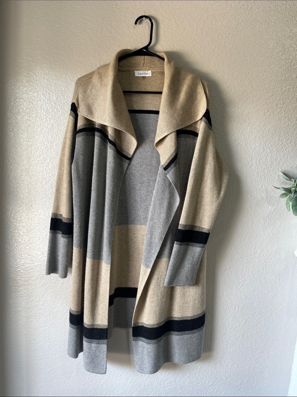 Calvin Klein Beige Gray Black Striped Draped Open-Front Cardigan Sz M